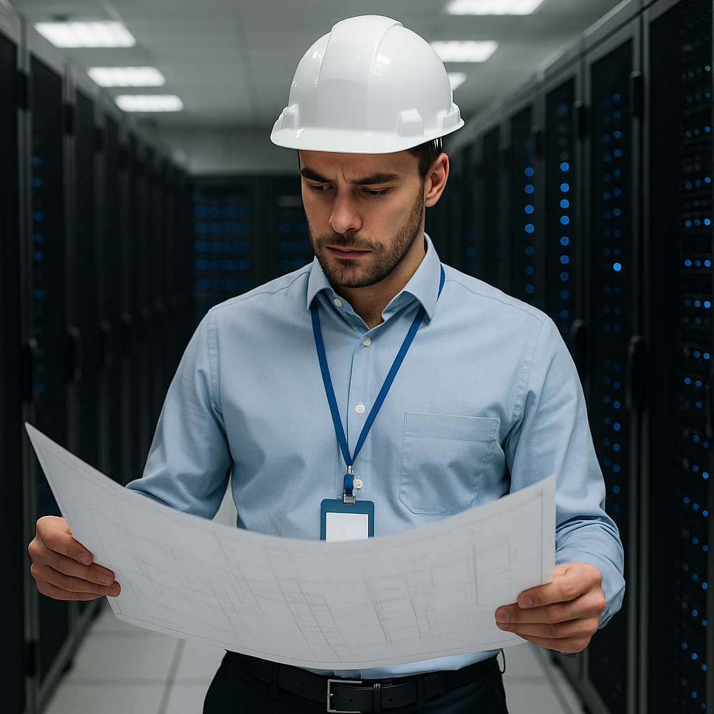 Ingeniero revisando planos en un data center